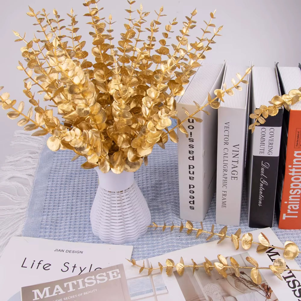 5Pcs/Lot Artificial Gold Eucalyptus Branch Stem Artificial Plants for Wedding Flower Arrangement Greenery Home Decoration