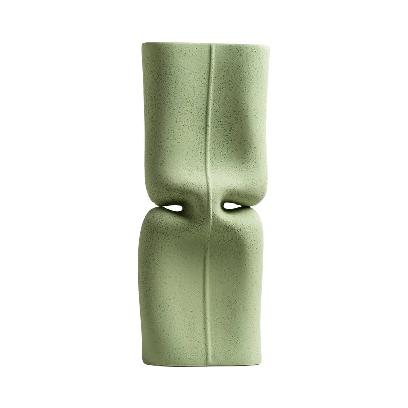 Green Ceramic Vase Abstract Hollow Flat Flower Vase Ceramic Handicraft Flower Vase Terrarium Home Decoration Accessories