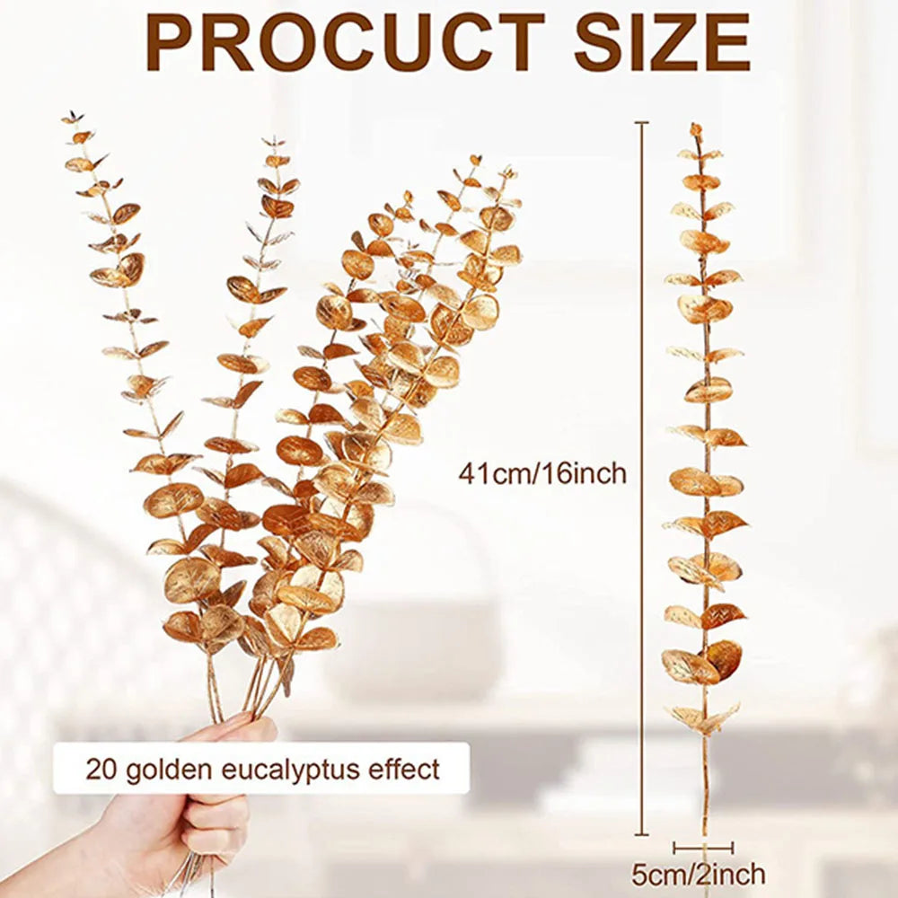 5Pcs/Lot Artificial Gold Eucalyptus Branch Stem Artificial Plants for Wedding Flower Arrangement Greenery Home Decoration