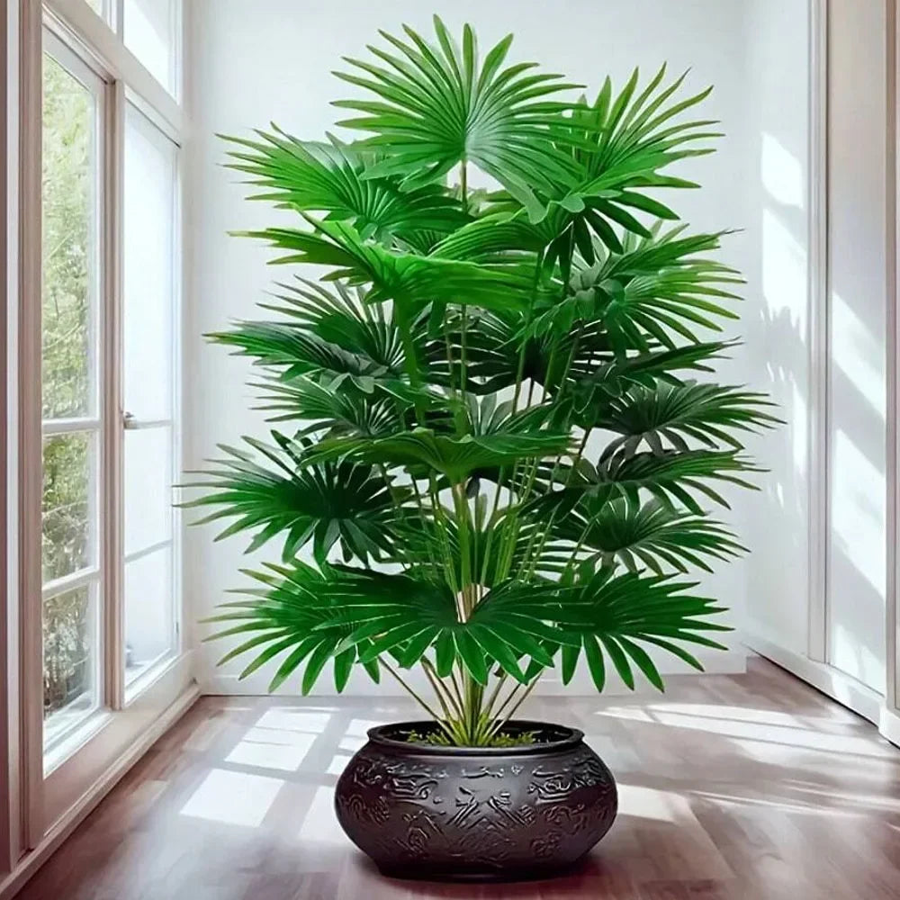 24Leaves 31.5Inch Artificial Plants Large Fake Fan-Leaf Sunflower Tree Plastic Plant Leaves Artificial Jungle Palm Tree for Home