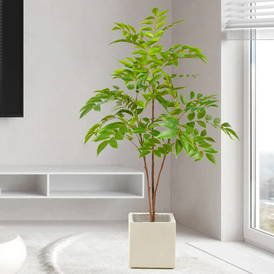 76-140Cm Large Artificial Ficus Tree Branch Fake Lacquer Tree Plastic Banyan Plants Green Tall Palm Leaves for Home Garden Decor