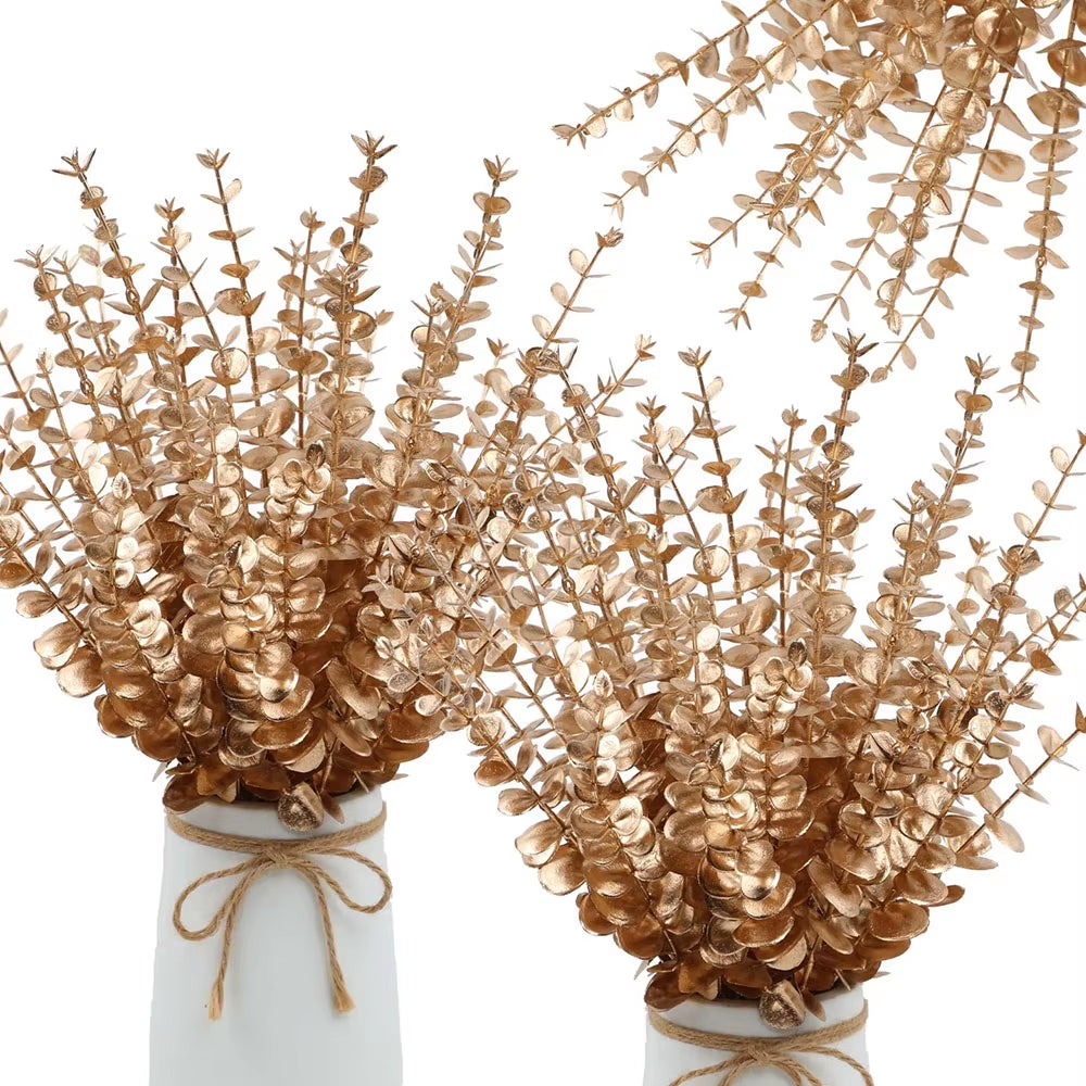5Pcs/Lot Artificial Gold Eucalyptus Branch Stem Artificial Plants for Wedding Flower Arrangement Greenery Home Decoration