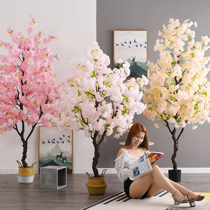 Home Decoration Artificial Cherry Tree Bonsai Wedding Indoor Living Room Floor Fake Plant with Basin Simulated Flower Decoration