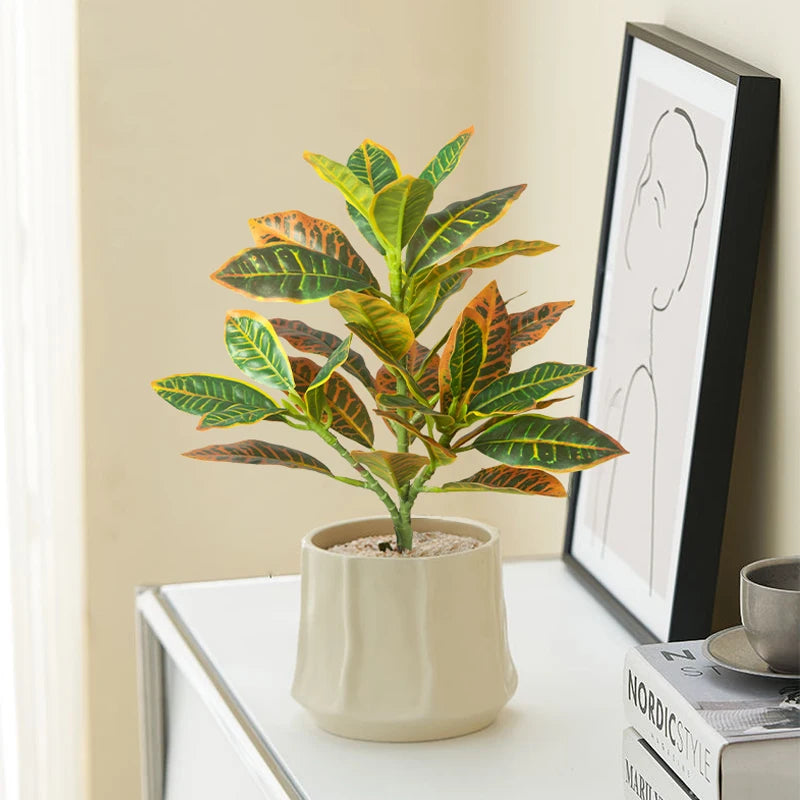 24-41Cm Artificial Plants Fake Ficus Tree Tropical Banyan Tree Small Plants Branch Plastic Codiaeum Leaves for Home Garden Decor