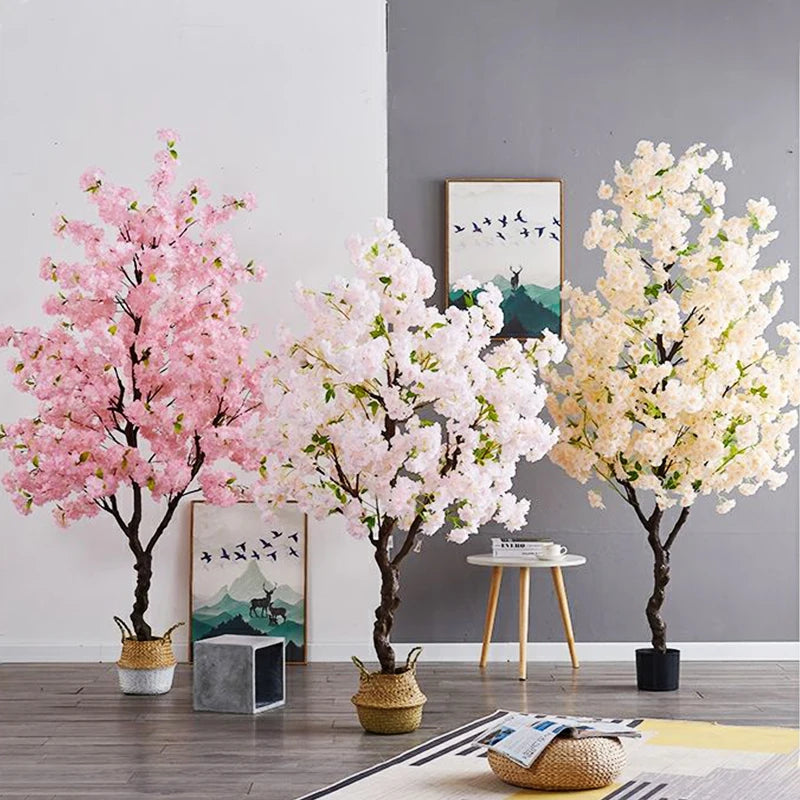 Home Decoration Artificial Cherry Tree Bonsai Wedding Indoor Living Room Floor Fake Plant with Basin Simulated Flower Decoration