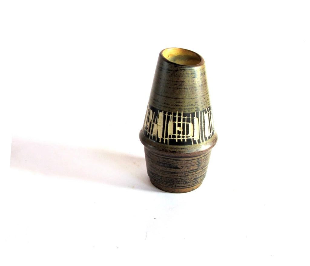 Ceramic Vase. Vintage Vase. Pottery Vase. Brown Pottery. Small Vase. Bud Vase. Brown Vase. Textured Vase. Diagonal Vase.